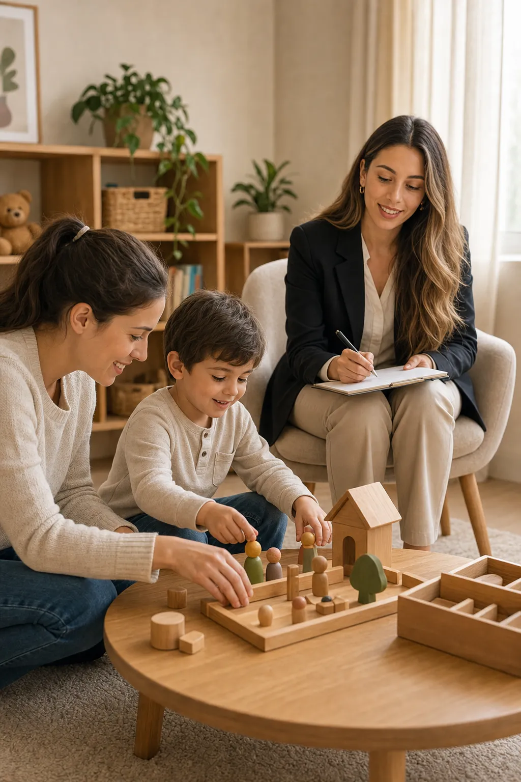 Psikolog not alırken anne ve çocuk ahşap oyuncaklarla oynuyor
